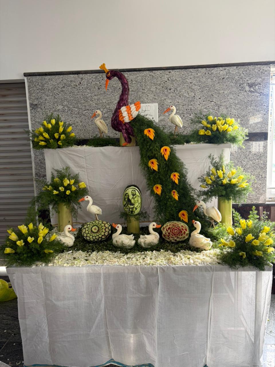 Floral peacock display arranged for a celebration